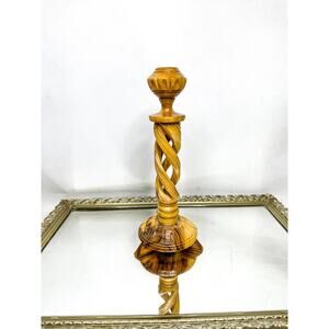 Vintage Hand Carved Olive Wood Open Spiral Candlesticks Candle Holders
